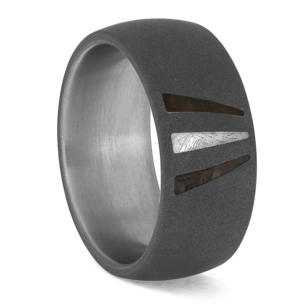 Triple Inlay Wedding Band with Meteorite, Dino Bone, and Ironwood