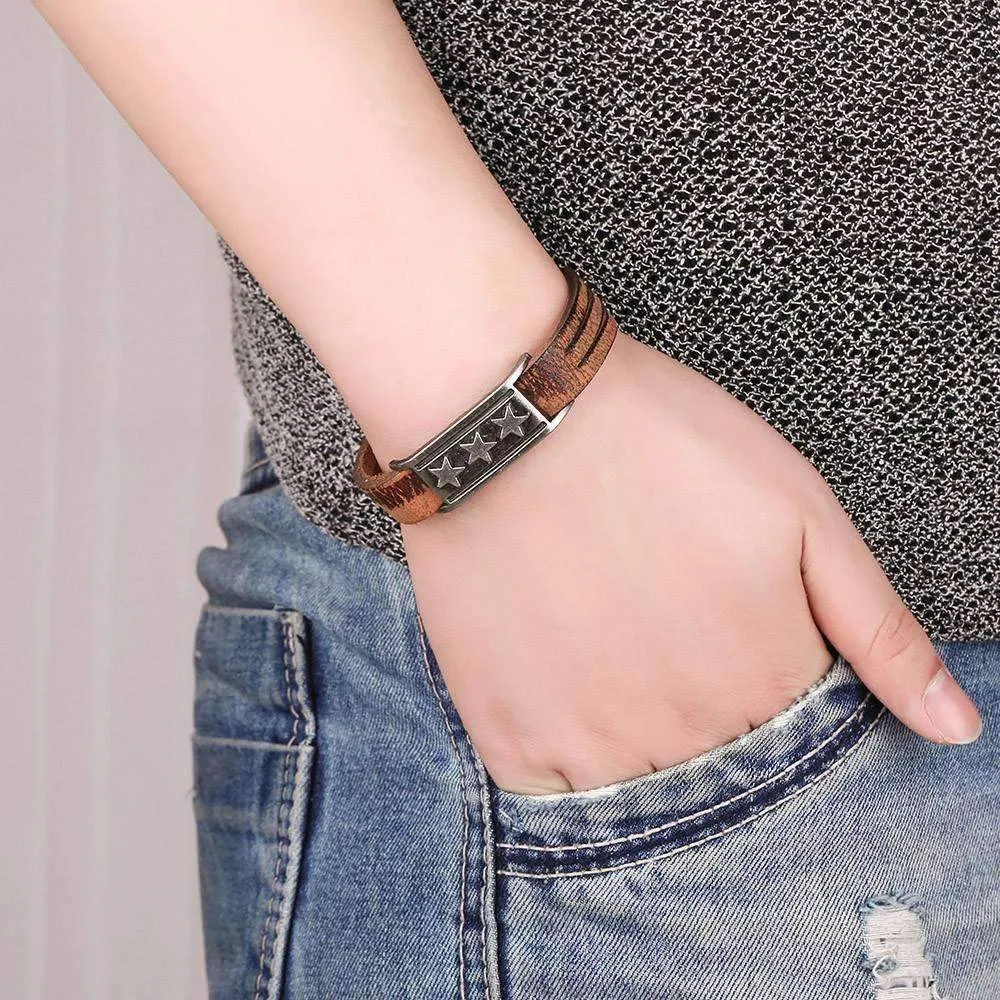 Triple Star Genuine Leather Bracelet