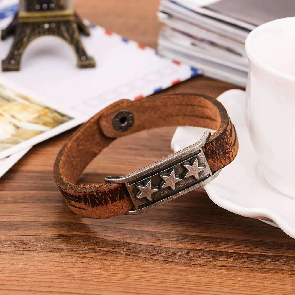 Triple Star Genuine Leather Bracelet