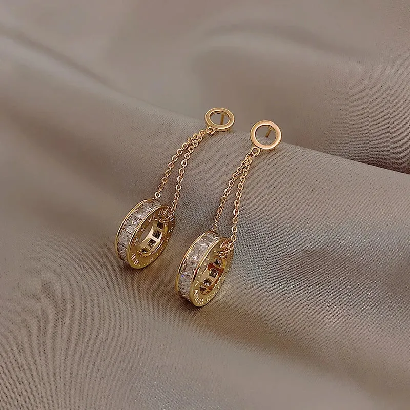 VAIGE Elegant Gold Zircon Circle Drop Earrings - Classic Copper Alloy Design for Parties and Special Occasions, 4.3cm Length