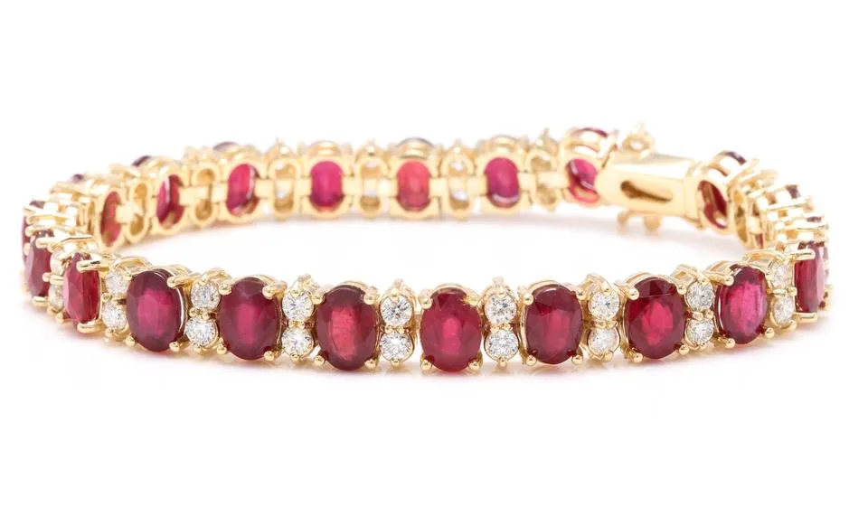Very Beautiful 29.80 Carats Ruby & Natural Diamond 14K Solid Yellow Gold Bracelet