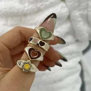 Vintage Double Layer Heart Enamel Ring  Dripping Oil Color Contrast Opening Metal Ring Couple Jewelry