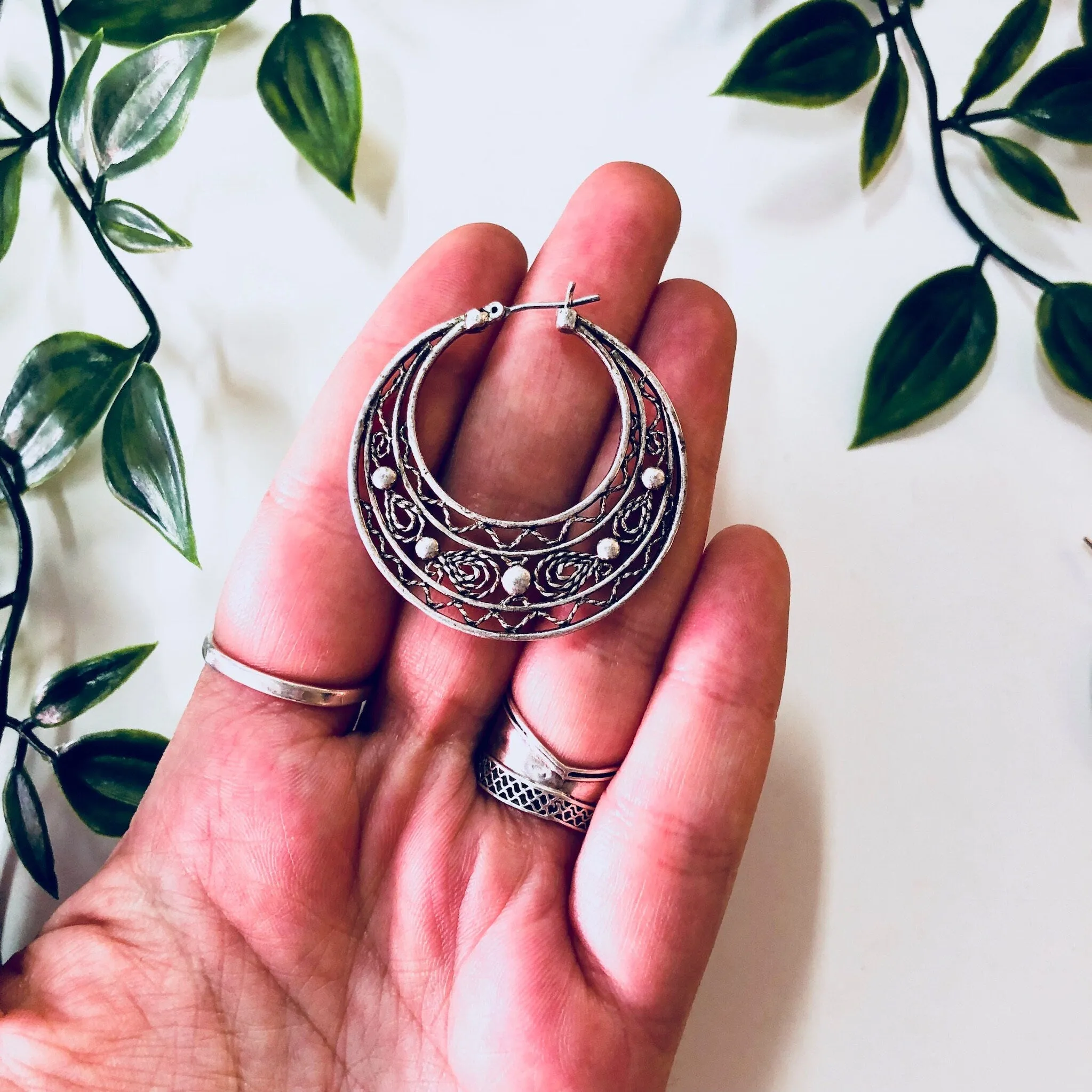 Vintage Earrings, Hoop Earrings, Pierced Ears, Costume Jewelry, Filagree, Silver Toned Jewelry, Statement Jewelry, Funky Earrings, Hoops