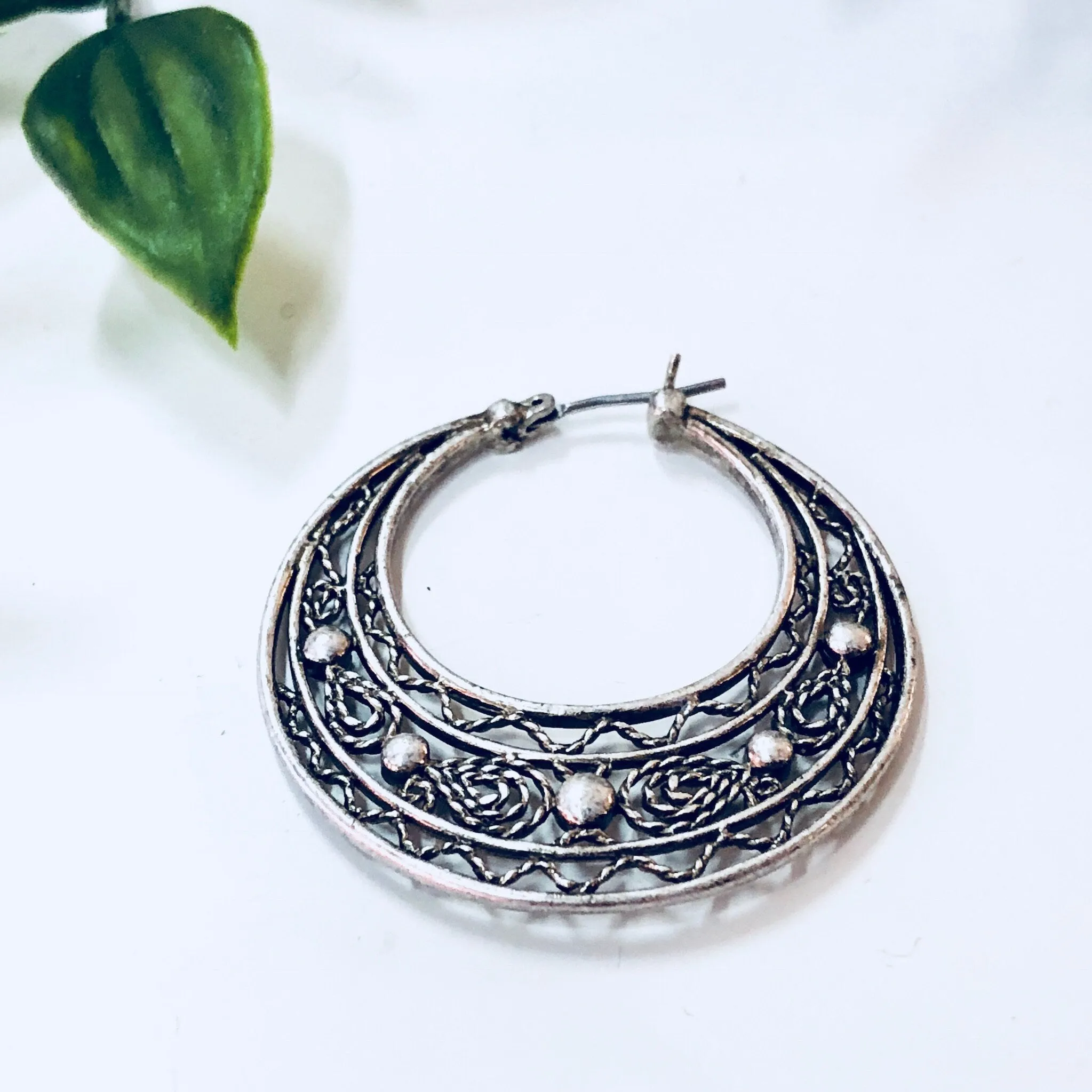 Vintage Earrings, Hoop Earrings, Pierced Ears, Costume Jewelry, Filagree, Silver Toned Jewelry, Statement Jewelry, Funky Earrings, Hoops