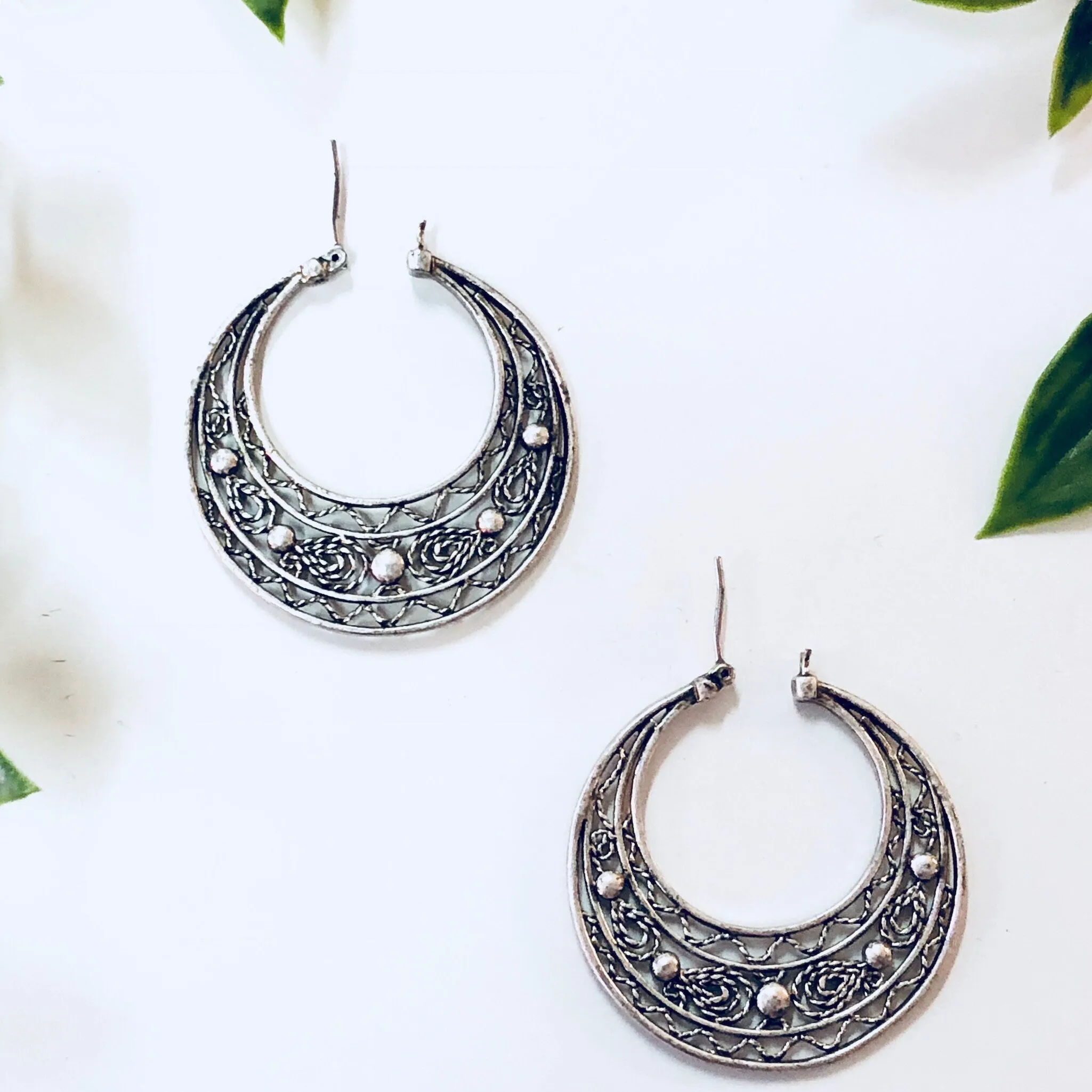 Vintage Earrings, Hoop Earrings, Pierced Ears, Costume Jewelry, Filagree, Silver Toned Jewelry, Statement Jewelry, Funky Earrings, Hoops