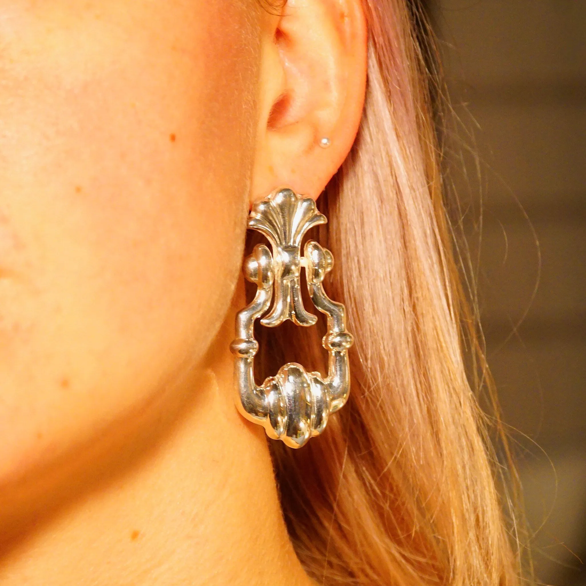 Vintage Embellished Sterling Silver Hinged Dangle Stud Earrings, Fleur Repousse Design, Art Deco Style, Unique 925 Earrings, 2 1/2 L