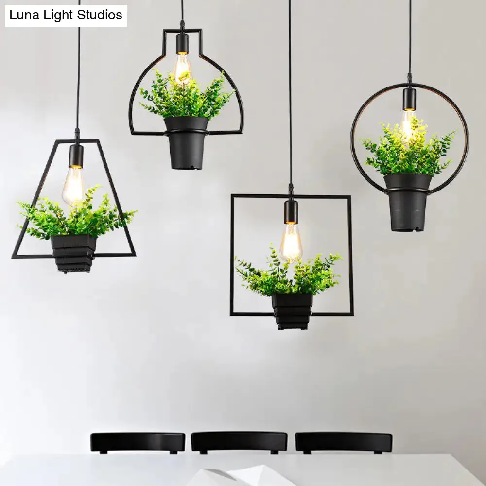 Vintage Geometric Hanging Lamp with Artificial Plant - Single-Bulb Iron Pendant in Black