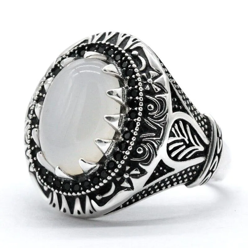 Vintage Natural Agate Silver Black Zircon Ring