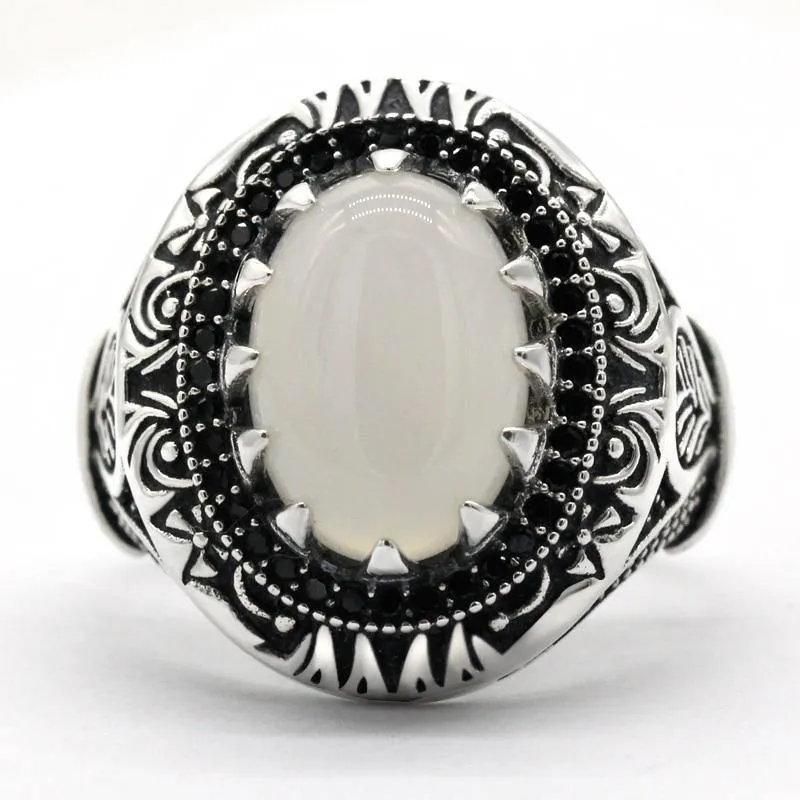 Vintage Natural Agate Silver Black Zircon Ring
