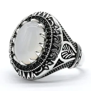 Vintage Natural Agate Silver Black Zircon Ring