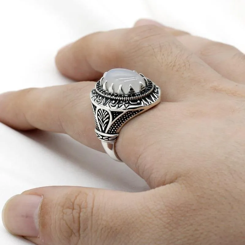 Vintage Natural Agate Silver Black Zircon Ring