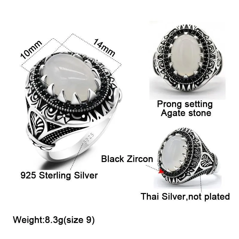 Vintage Natural Agate Silver Black Zircon Ring