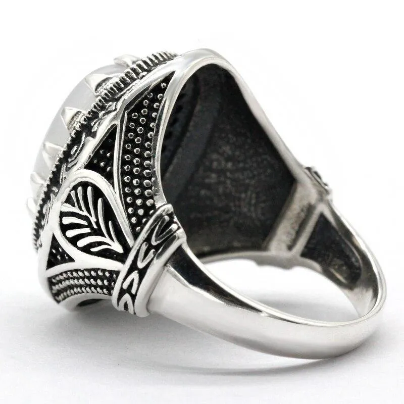 Vintage Natural Agate Silver Black Zircon Ring