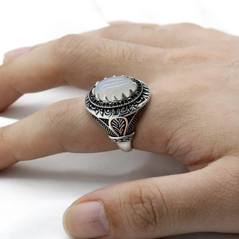 Vintage Natural Agate Silver Black Zircon Ring