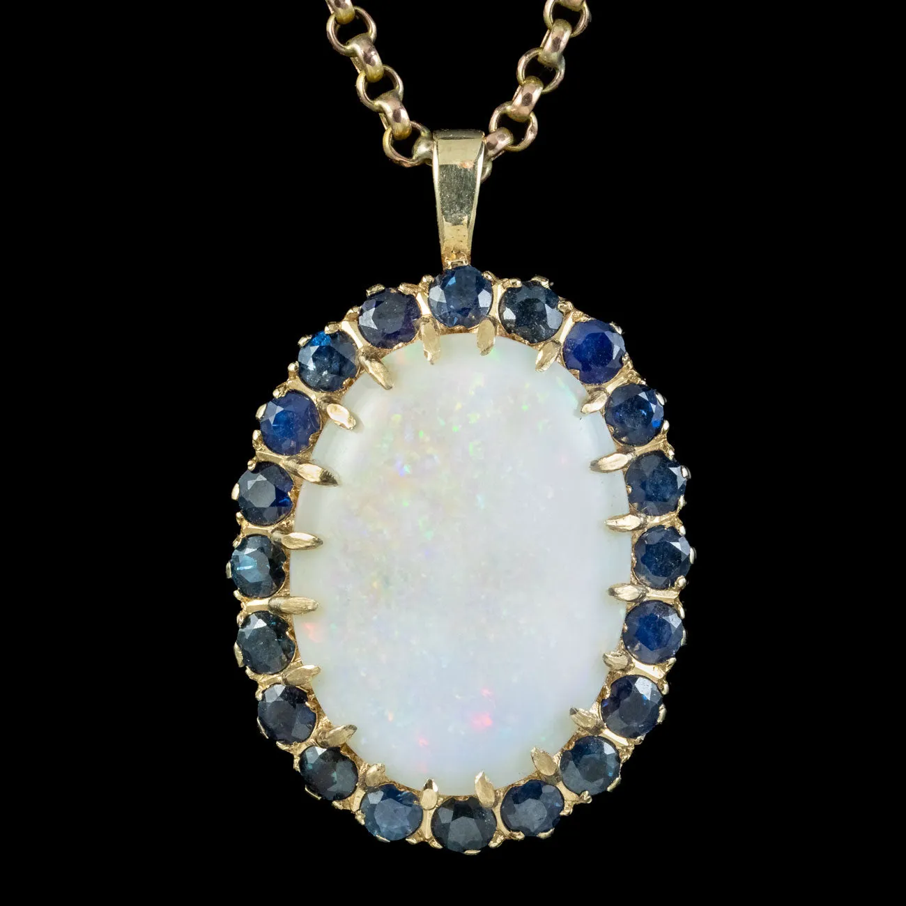Vintage Opal Sapphire Pendant Necklace 9ct Gold 25ct Opal