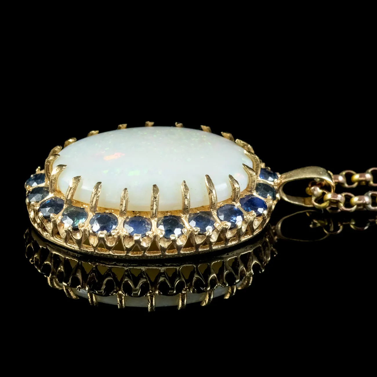 Vintage Opal Sapphire Pendant Necklace 9ct Gold 25ct Opal
