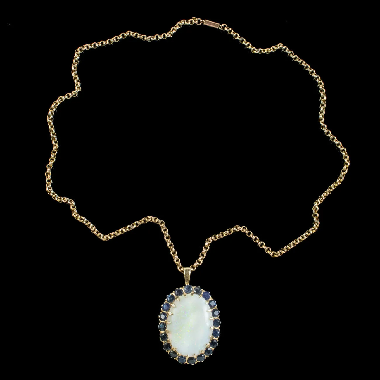 Vintage Opal Sapphire Pendant Necklace 9ct Gold 25ct Opal