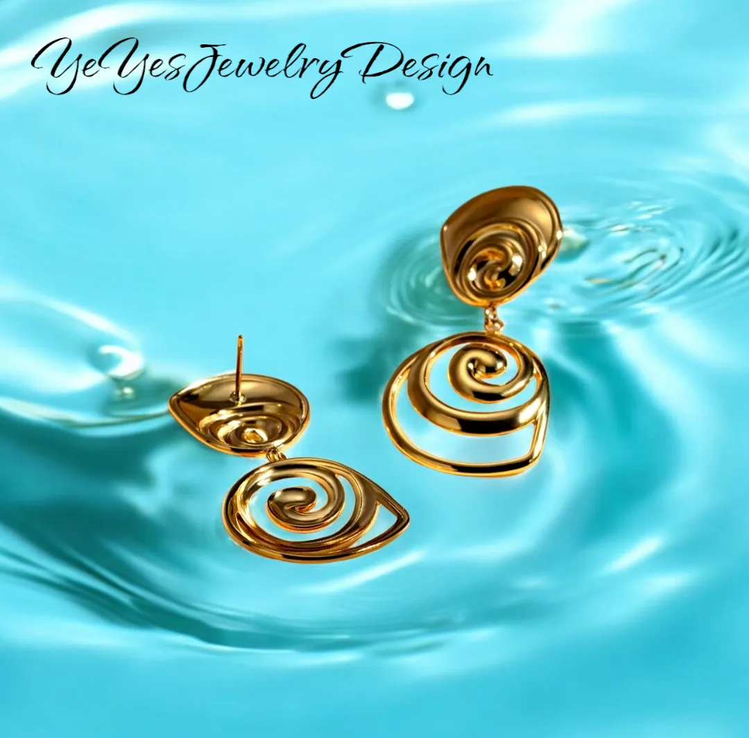 Waterproof Stainless Steel PVD 18K Gold Plated Round Rotate Threaded Pendant Stylish Earrings.