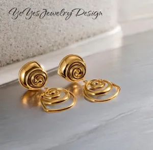 Waterproof Stainless Steel PVD 18K Gold Plated Round Rotate Threaded Pendant Stylish Earrings.