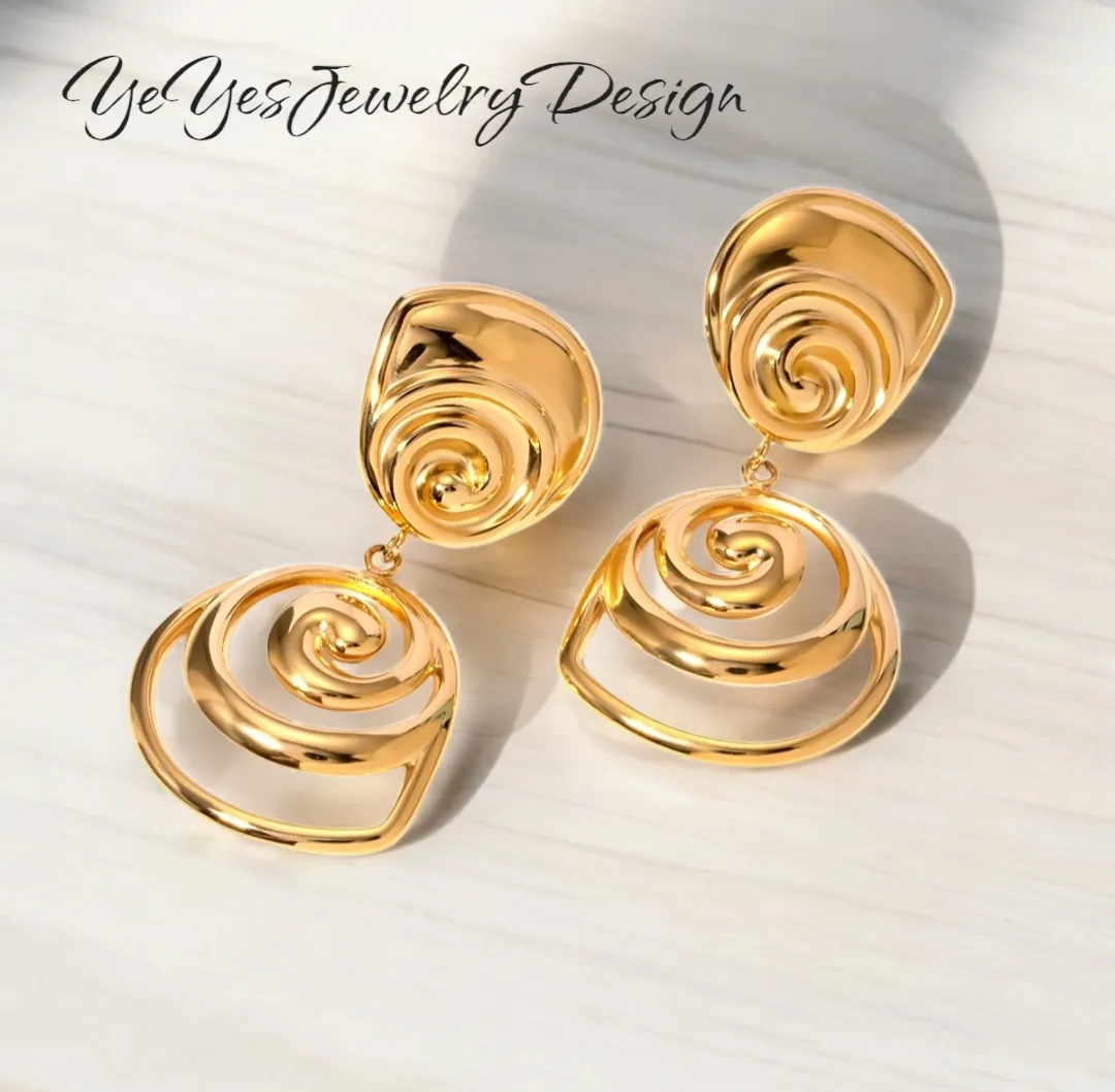 Waterproof Stainless Steel PVD 18K Gold Plated Round Rotate Threaded Pendant Stylish Earrings.