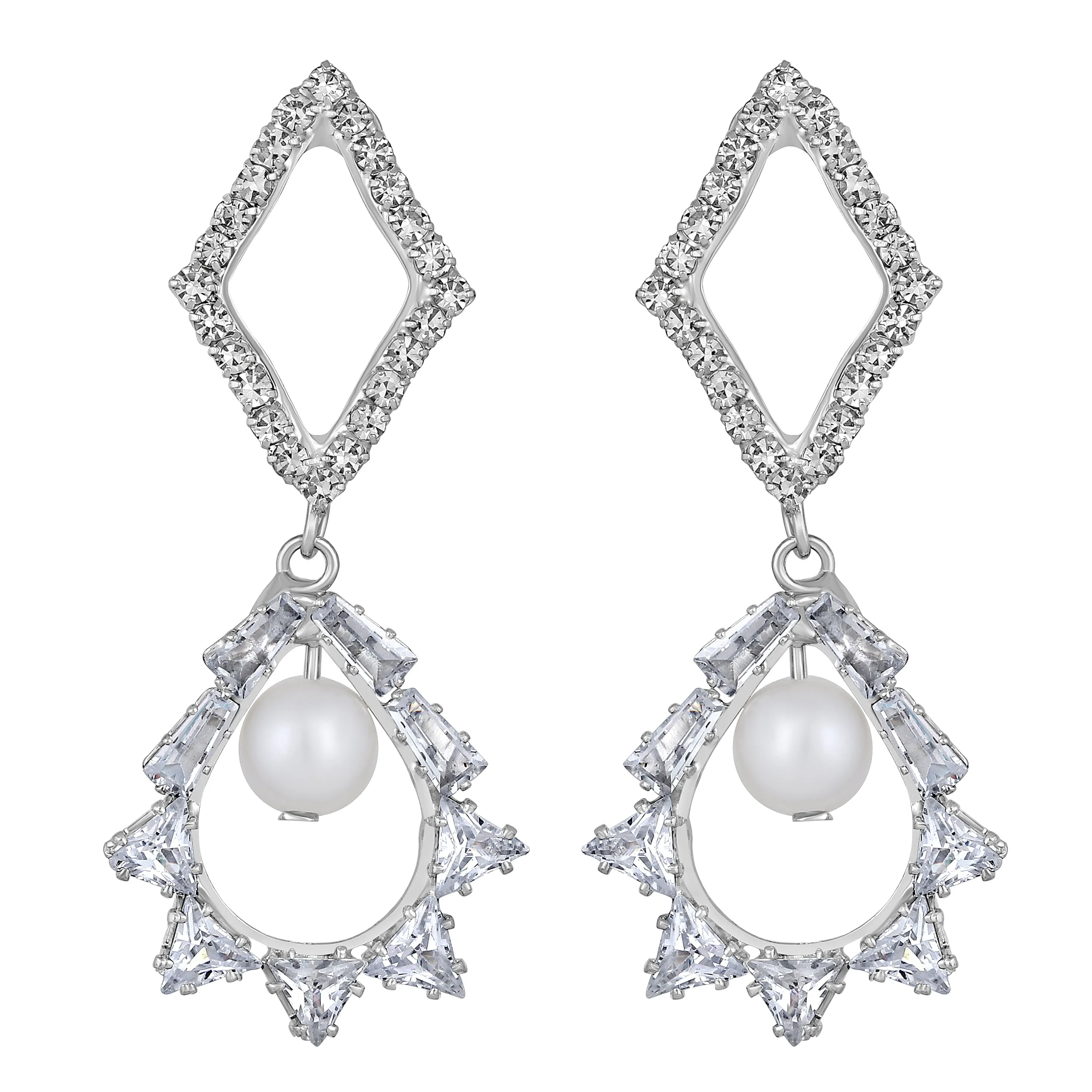 White AD Stone & Artificial Pearl Dangle Drop Earring