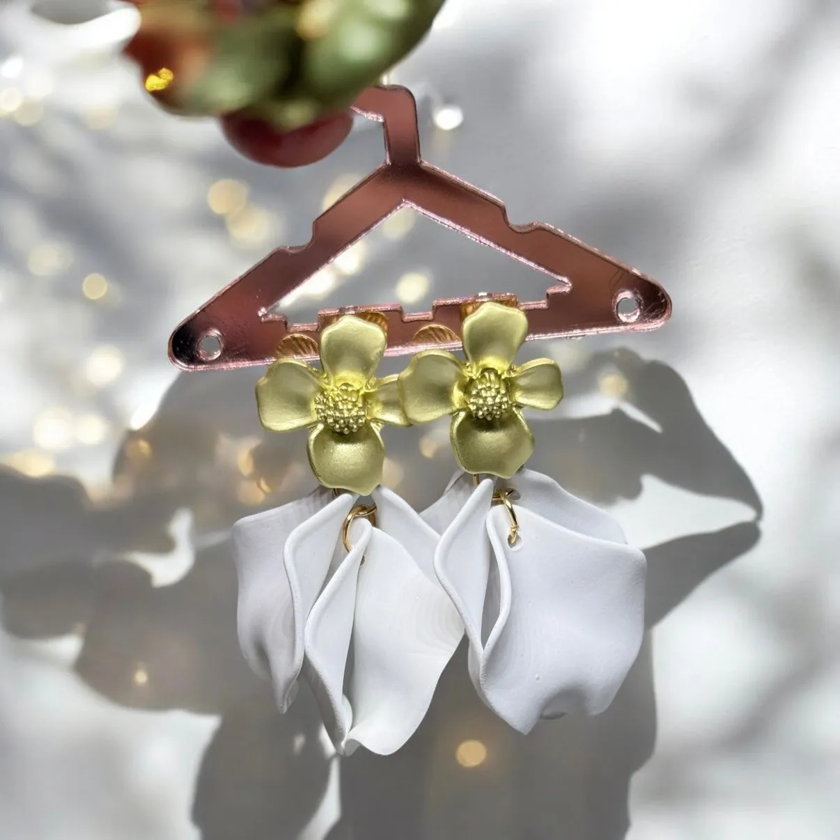White - flower earrings | dangle petals baroque earrings | unique golden floral earrings | bridal party wedding earrings