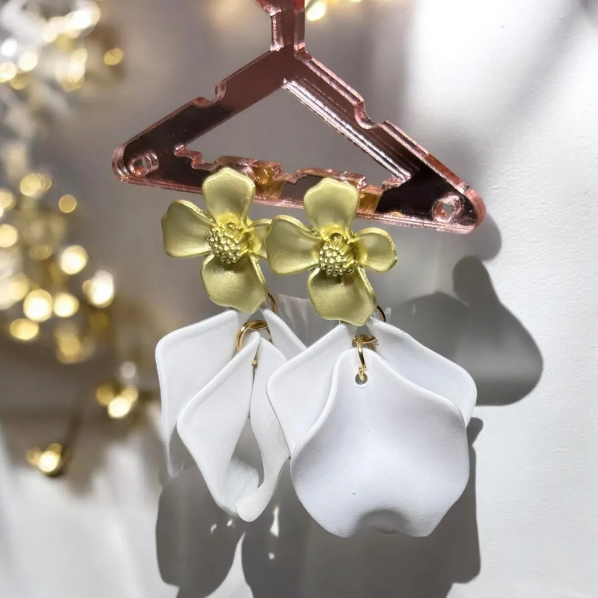 White - flower earrings | dangle petals baroque earrings | unique golden floral earrings | bridal party wedding earrings