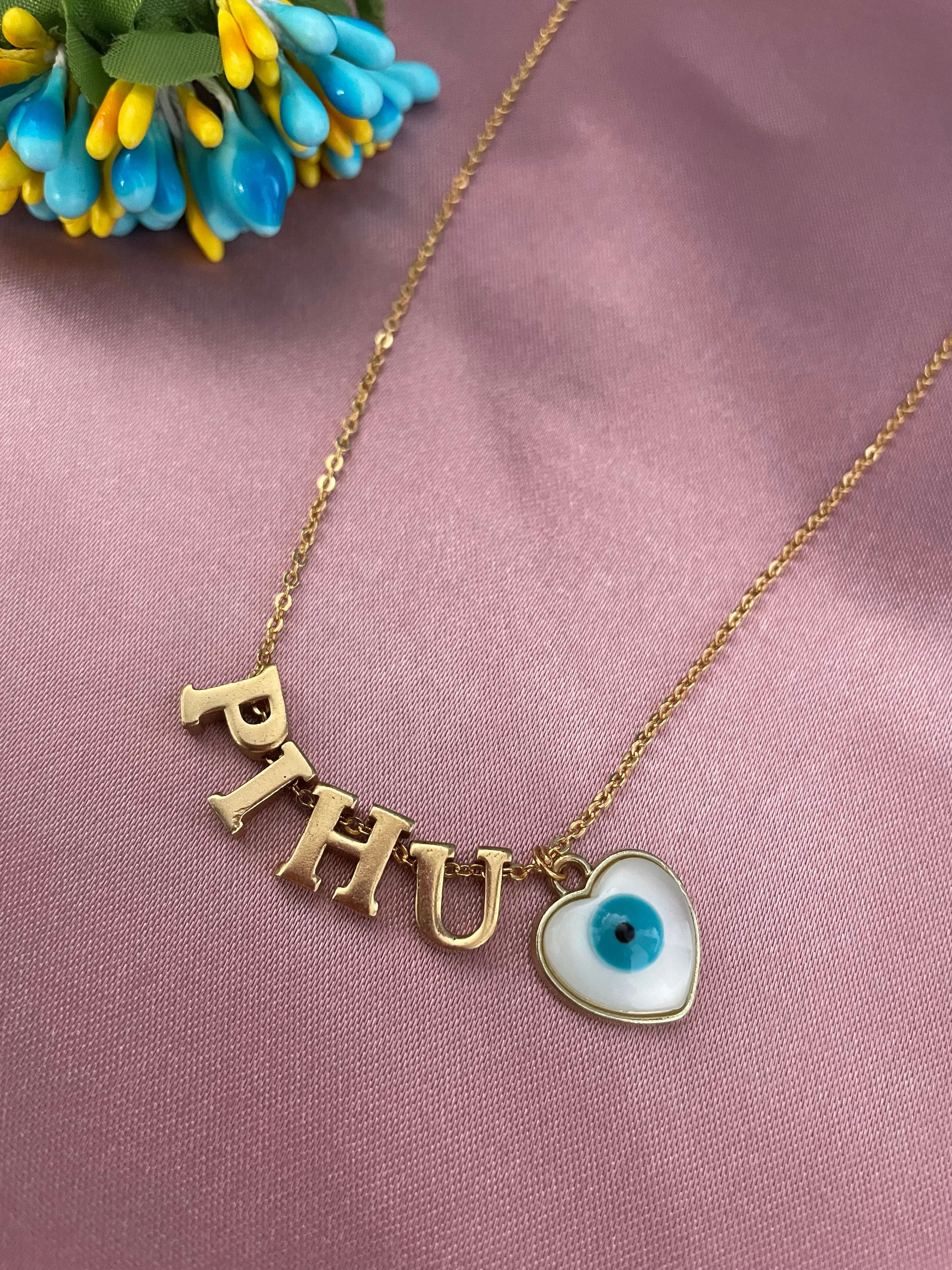 White Heart / Round Evil Eye Custom Name Necklace