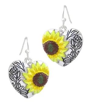 Womens Silver Sunflower Heart Earrings Jewelry
