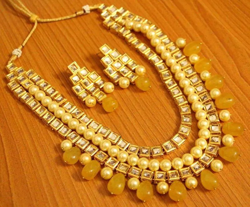 YELLOW QUARTZ KUNDAN MEENAKARI MULTILAYERED NECKLACE SET