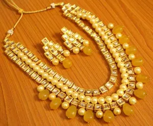 YELLOW QUARTZ KUNDAN MEENAKARI MULTILAYERED NECKLACE SET